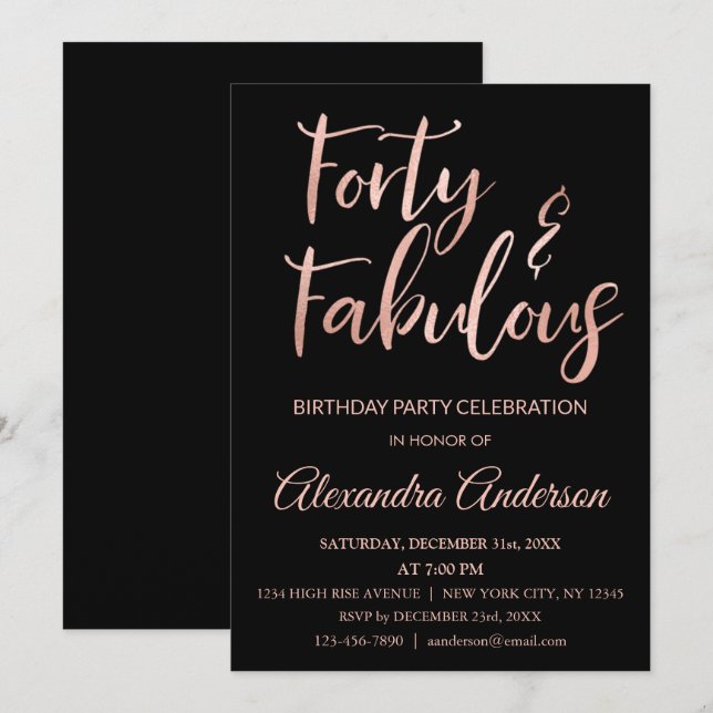 Invitación Relieve metalizado dorado Rosa Cuarenta y fabuloso (Anverso / Reverso)