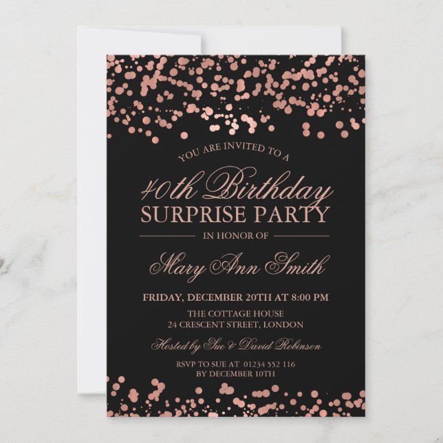 Invitación Relieve metalizado dorado Rosa de Fiesta 40 cumple (Anverso)