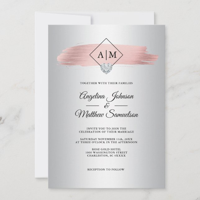 Invitación Relieve metalizado dorado Rosa Faux Dusty  Silver  (Anverso)