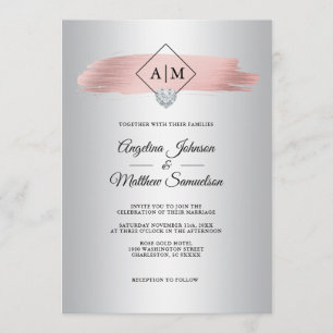 Invitación Relieve metalizado dorado Rosa Faux Dusty Silver