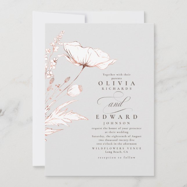 Invitación Relieve metalizado dorado Rosa Flores silvestres B (Anverso)