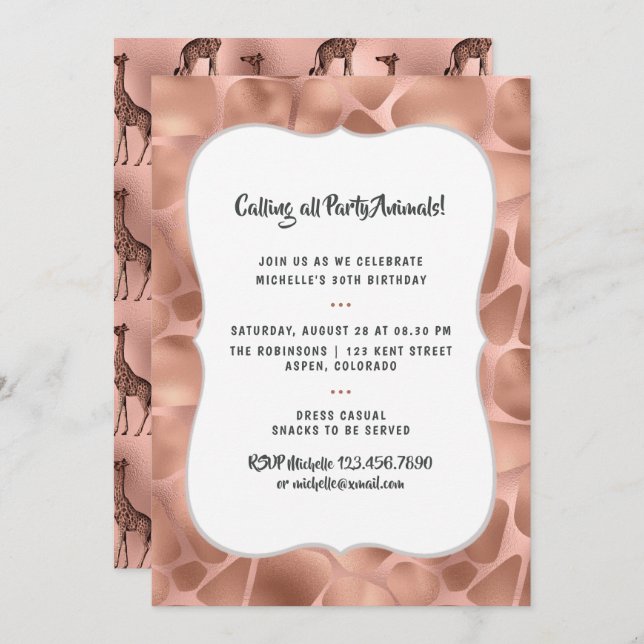 Invitación Relieve metalizado dorado Rosa Giraffe Cualquier c (Anverso / Reverso)