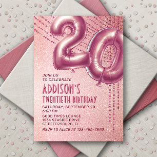 Invitación Relieve metalizado dorado Rosa Globos 20 cumpleaño