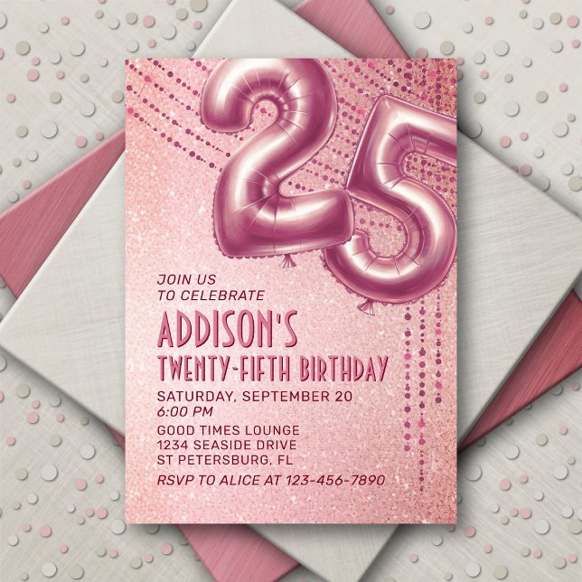 Invitación Relieve metalizado dorado Rosa Globos 25 cumpleaño (Subido por el creador)