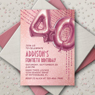 Invitación Relieve metalizado dorado Rosa Globos 40 cumpleaño