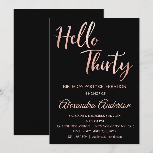 Invitación Relieve metalizado dorado Rosa Hola 30 Fiesta de l (Anverso / Reverso)