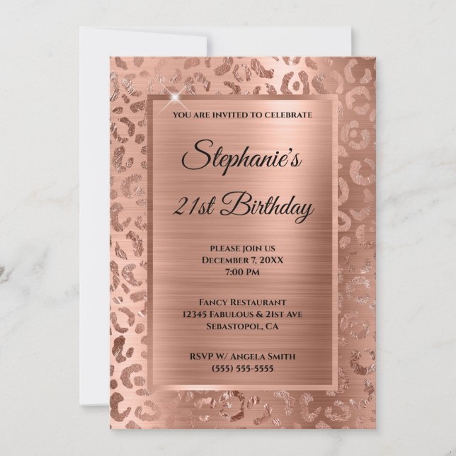 Invitación Relieve metalizado dorado Rosa Leopard Glam 21º cu (Anverso)