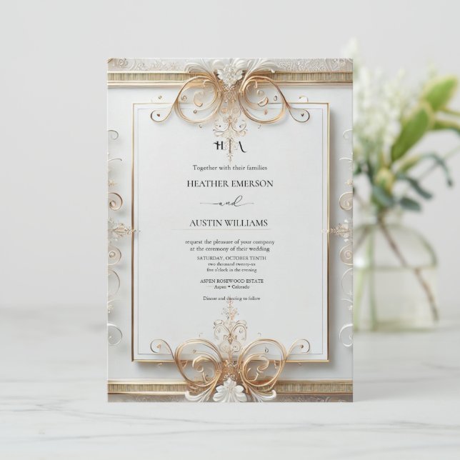 Invitación Relieve metalizado dorado Rosa romántico | Boda de (Anverso de pie)