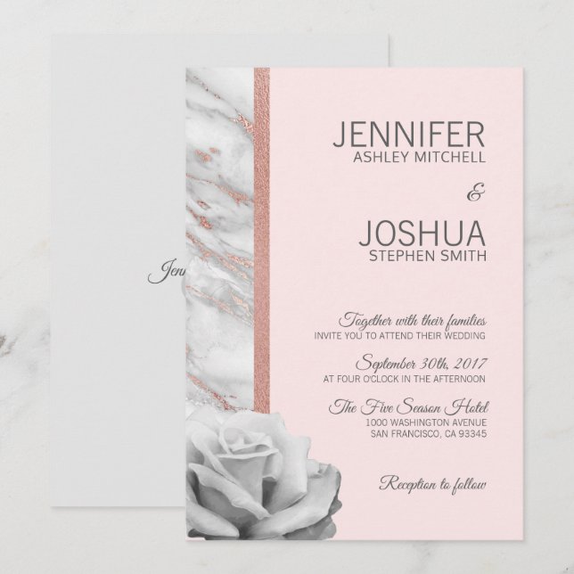 Invitación Relieve metalizado dorado rosa rosa Rubor floral B (Anverso / Reverso)