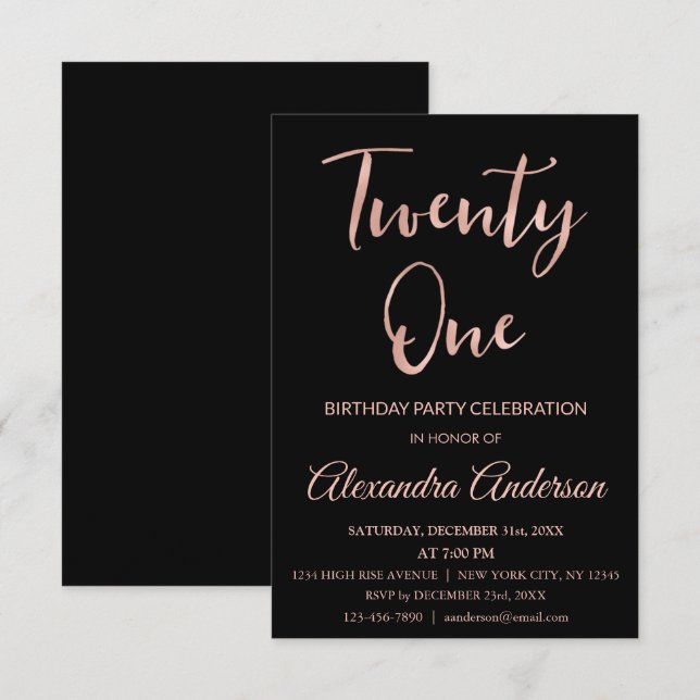 Invitación Relieve metalizado dorado Rosa Veintiún cumpleaños (Anverso / Reverso)