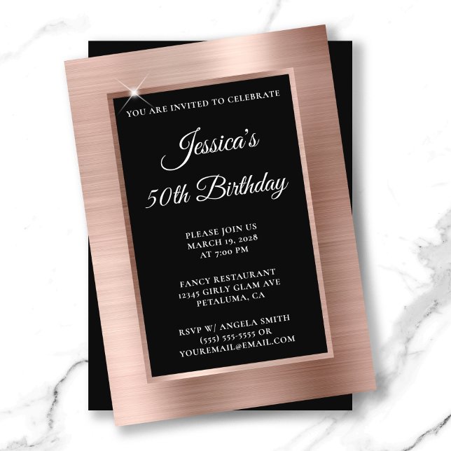 Invitación Relieve metalizado dorado Rosa y superposición neg (Rose Gold Foil and Black Overlay 50th Birthday Invitation)