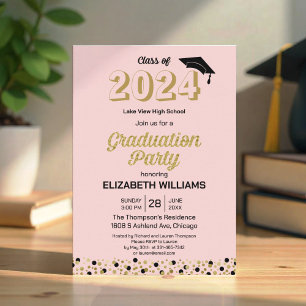 Invitación Relieve metalizado dorado Script Confetti Graduaci