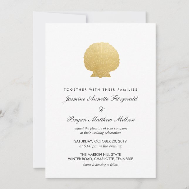 Invitación Relieve metalizado dorado Seashell Faux | Boda oce (Anverso)
