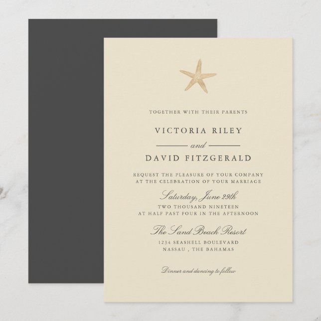 Invitación Relieve metalizado dorado Starfish Elegante Boda e (Anverso / Reverso)