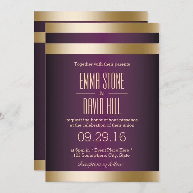 Invitación Relieve metalizado dorado Stripes Boda morado oscu (Anverso / Reverso)