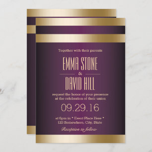 Invitación Relieve metalizado dorado Stripes Boda morado oscu