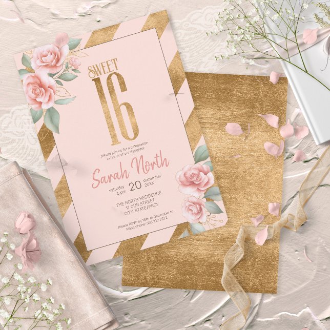 Invitación Relieve metalizado dorado Stripes Floral Rubor ID7 (Subido por el creador)