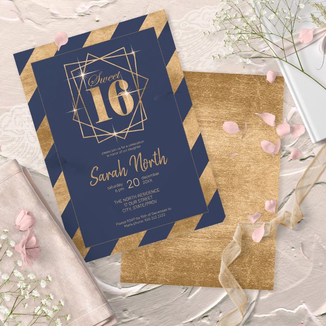 Invitación Relieve metalizado dorado Stripes Frame Sweet 16 N (Subido por el creador)