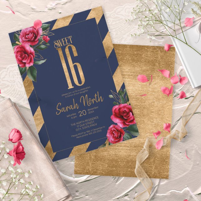 Invitación Relieve metalizado dorado Stripes Navy floral ID75 (Subido por el creador)