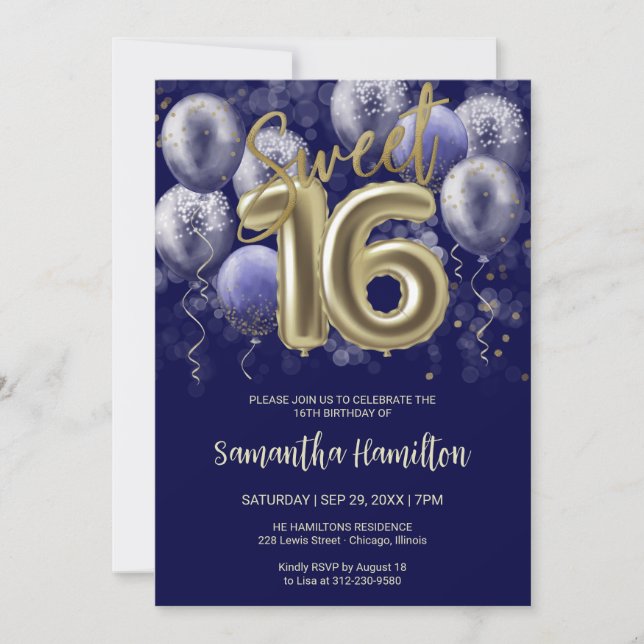 Invitación Relieve metalizado dorado Sweet 16 Bday Balloons F (Anverso)