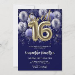 Invitación Relieve metalizado dorado Sweet 16 Bday Balloons F