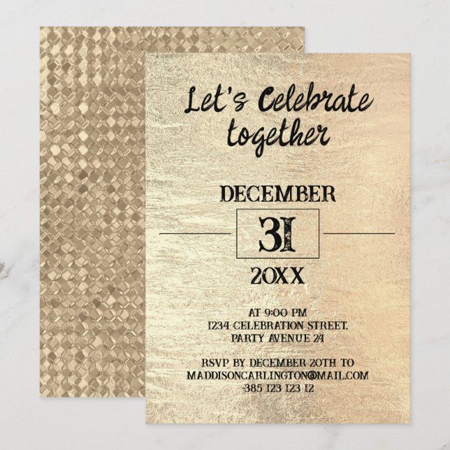 Invitación Relieve metalizado dorado Textura Fiesta de Año Nu (Anverso / Reverso)