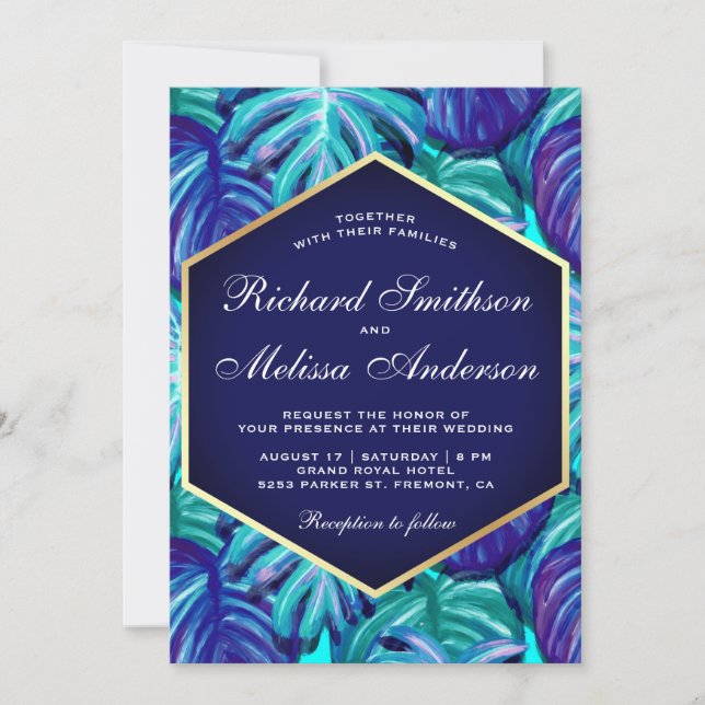Invitación Relieve metalizado dorado Verde azulado azul real  (Anverso)