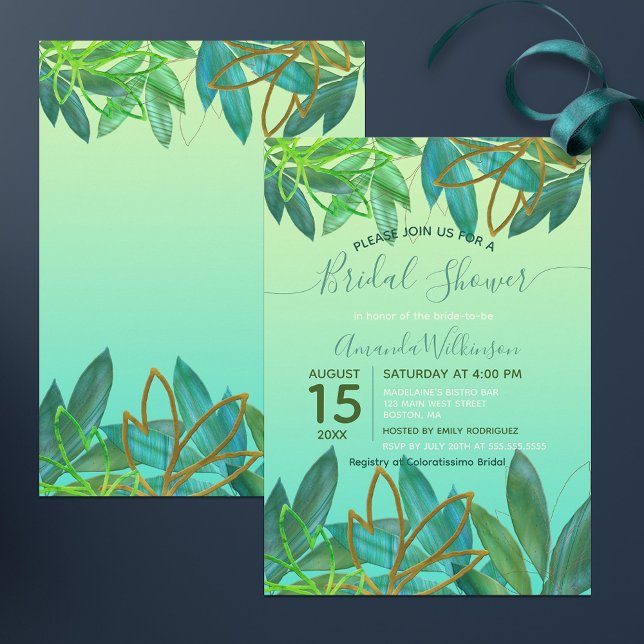 Invitación Relieve metalizado dorado verde tropical Foliage B (Subido por el creador)