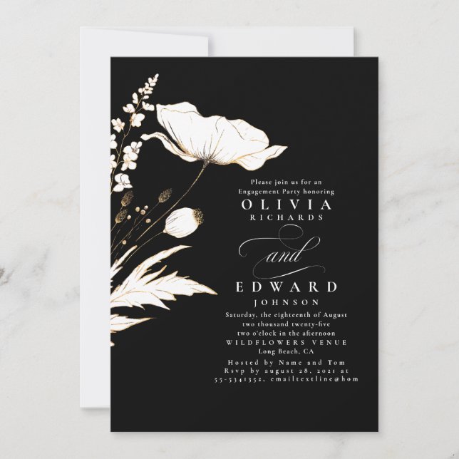 Invitación Relieve metalizado dorado Wildflowers Black Engage (Anverso)