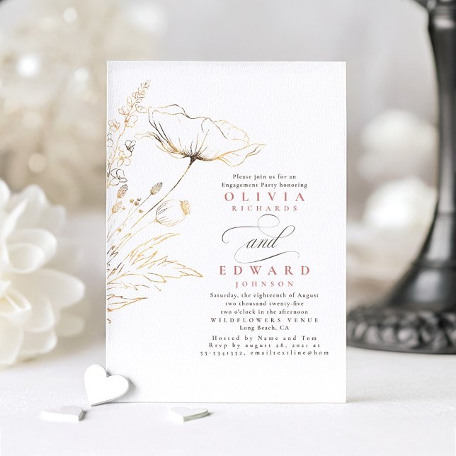 Invitación Relieve metalizado dorado Wildflowers Dusty Pink E (Wildflowers Engagement Party Invitations)