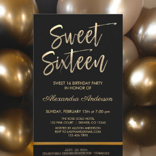 Invitación Relieve metalizado dorado y dulce negro Dieciséis