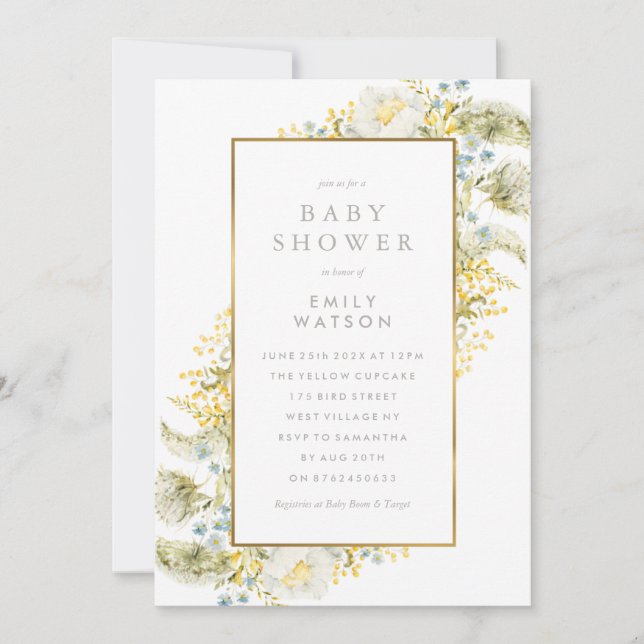 Invitación Relieve metalizado enmarca a Boho Wildflower Baby  (Anverso)