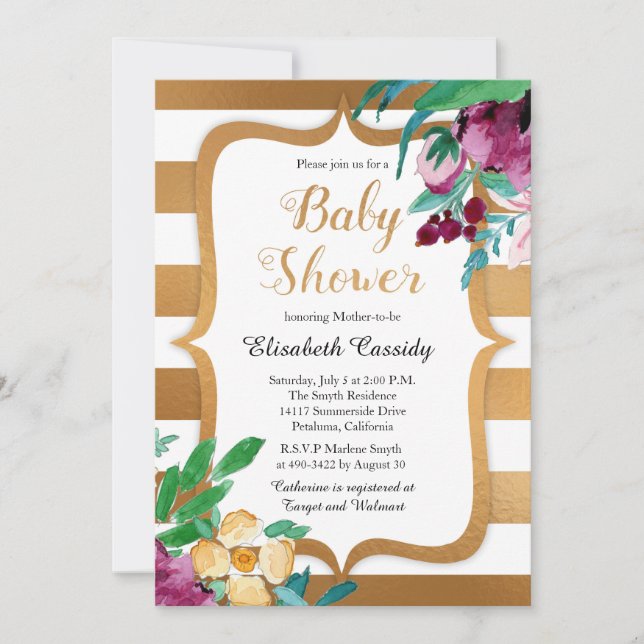 Invitación Relieve metalizado falso y flores Baby Shower invi (Anverso)
