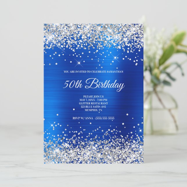 Invitación Relieve metalizado Faux Silver Purpurina Blue Sati (Anverso de pie)