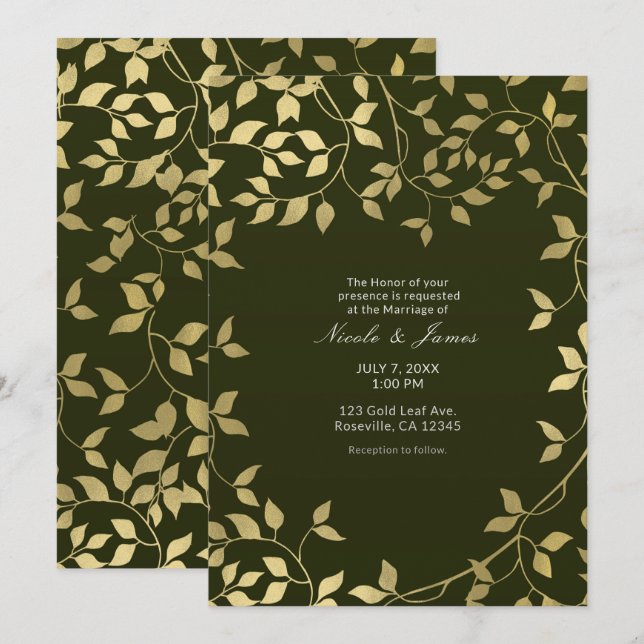 Invitación Relieve metalizado Faux Verde y Oro Boda de hojas  (Anverso / Reverso)
