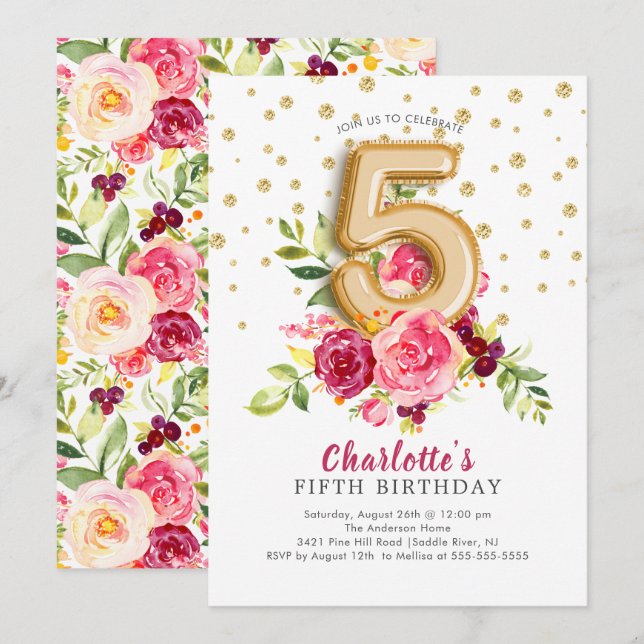 Invitación Relieve metalizado Floral de globo 5º cumpleaños I (Anverso / Reverso)
