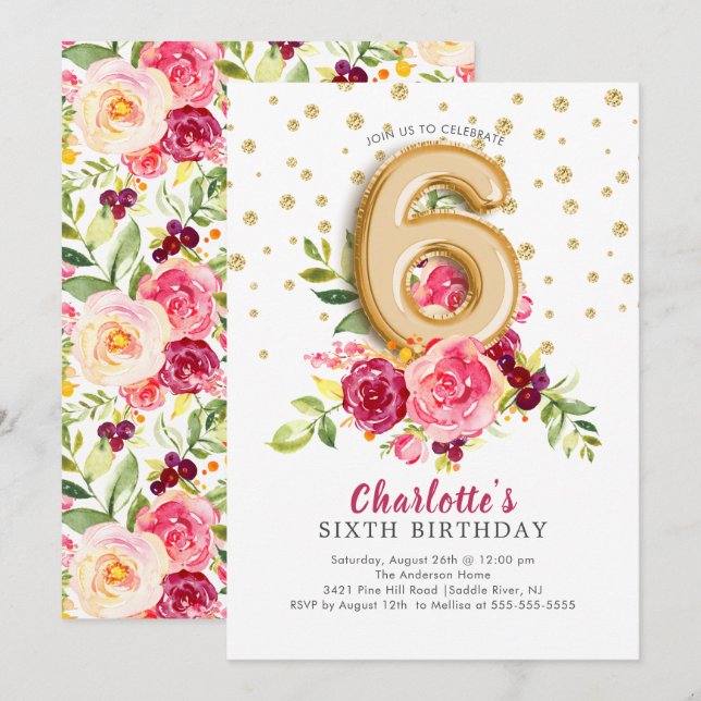 Invitación Relieve metalizado Floral de globo 6º cumpleaños I (Anverso / Reverso)