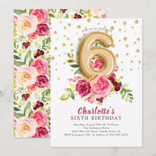 Invitación Relieve metalizado Floral de globo 6º cumpleaños i