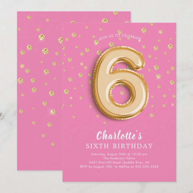 Invitación Relieve metalizado Floral de globo 6º cumpleaños I (Anverso / Reverso)