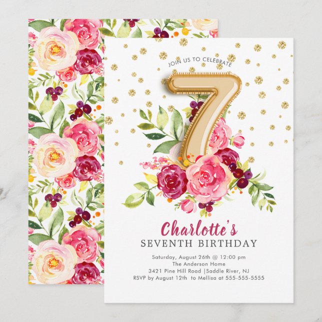 Invitación Relieve metalizado Floral de globo 7 cumpleaños In (Anverso / Reverso)