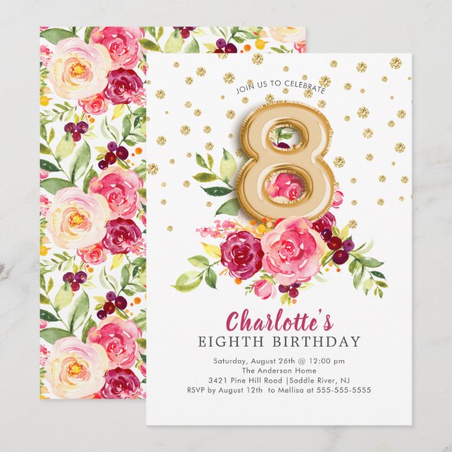 Invitación Relieve metalizado Floral de globo 8º cumpleaños i (Anverso / Reverso)