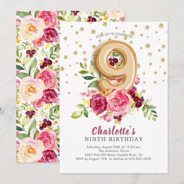 Invitación Relieve metalizado Floral de globo 9 cumpleaños In (Anverso / Reverso)