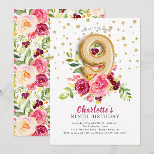 Invitación Relieve metalizado Floral de globo 9 cumpleaños In