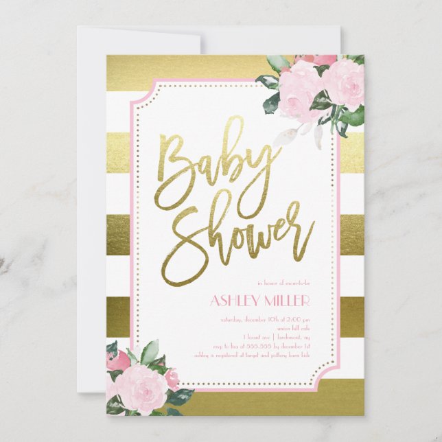 Invitación Relieve metalizado Floral Gold Faux | Baby Shower (Anverso)