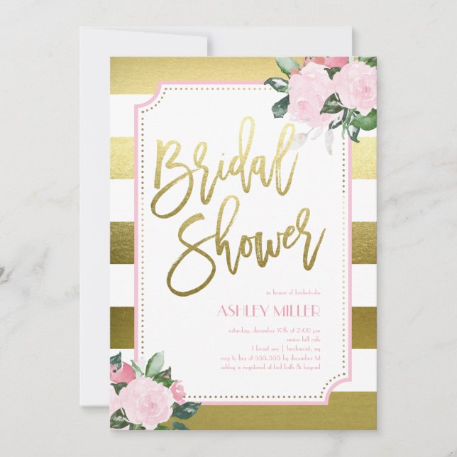 Invitación Relieve metalizado Floral Gold Faux | Bridal Showe (Anverso)