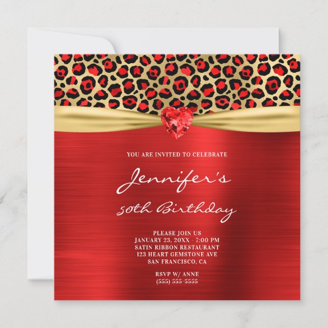Invitación Relieve metalizado Gemstone de Leopardo de Oro Roj (Anverso)