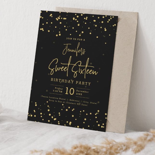 Invitación Relieve metalizado Glam Gold Faux Dots Sweet 16 Bl (Glam Gold Faux Foil Dots Sweet 16 Black Invitation)