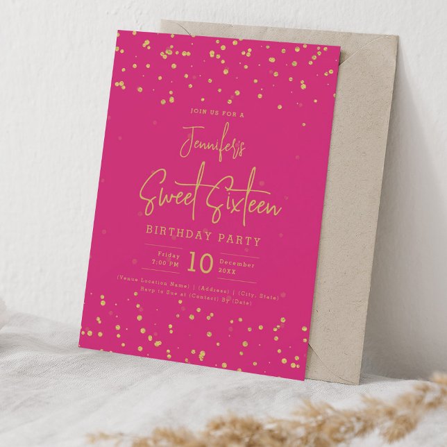 Invitación Relieve metalizado Glam Gold Faux Dots Sweet 16 Fi (Glam Gold Faux Foil Dots Sweet 16 Party Hot Pink Invitation)