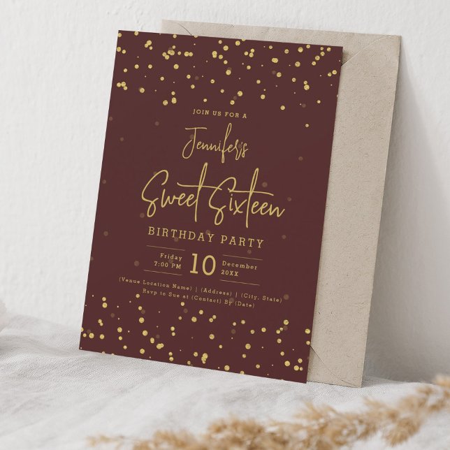 Invitación Relieve metalizado Glam Gold Faux Dots Sweet 16 Fi (Glam Gold Faux Foil Dots Sweet 16 Party Burgundy Invitation)