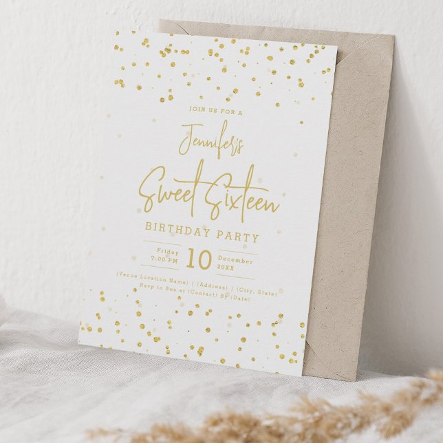 Invitación Relieve metalizado Glam Gold Faux Dots Sweet 16 Fi (Glam Gold Faux Foil Dots Sweet 16 Party Invitation)